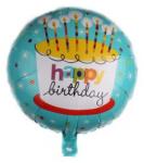 Flippy Balon din Folie Metalizata, Flippy, Mini Figurina Rotunda, Model Happy Birthday Tort, Tema Aniversare, 45 cm, Ambalaj Individual, Pai inclus, Umflare cu Aer sau Heliu, Albastru (131339)