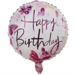 Flippy Balon din Folie Metalizata, Flippy, Mini Figurina Rotunda, Model Happy Birthday Fluturasi, Tema Aniversare, 45 cm, Ambalaj Individual, Pai inclus, Umflare cu Aer sau Heliu, Roz (131341)