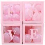Flippy Set 4 Cutii pentru Baloane, Flippy, Model Scris Love, Tematica Iubire, Cuburi Decorative din Plastic, Accesorii pentru Petrecere, 30 x30 cm, Transparente Contur Roz (130377)