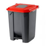 PLANET Szelektív hulladékgyűjtő konténer, műanyag, pedálos, antracit, piros, 50L - atadcleankft