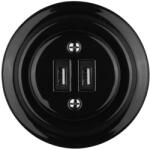 Reblig - Priză USB retro din porțelan, cu ramă, 2x USB-A, neagră (RG0214)
