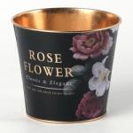  Bádog kaspó, kör alakú, fekete, Rose Flower felirattal