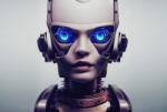  Fotorealisztikus cyberpunk portré - humanoid robot mellképe szürkésfehér elektrokék roségold arany bézs és mályva tónus falpanel (DD134100)