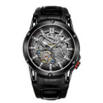 T-WINNER Ceas barbati de mana, T-winner, Clasic, Fashion, Mecanism Mecanic Automatic, Skeleton, Piele, Negru Ceas