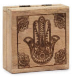 AwGift Kicsi Négyzetes Fa Doboz 10x10x4, 2 cm - Fekete Hamsa Díszítéssel
