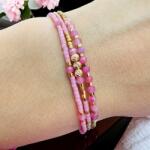Ezera Bratara handmade roz snur 3 straturi Paty cu Miyuki si Turmalina Roz cu argint placat cu aur (B3STRP-1906)