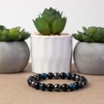 Ezera Bratara barbati Ohas din cristale de Ochi de Tigru Royal Blue, Hematit si Obsidian, sfere de 8mm (BHMBOHA)