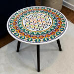 Ezera Masuta decorativa alba lemn pictata manual model mandala cu geam securizat, 50 cm (EZMAS50)