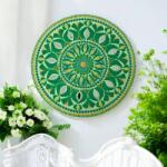 Ezera Tablou Mandala pictat manual in culori verzi cu galben ocru si oglinzi, 40 cm (TMVOGL40)