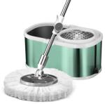 Dreamramp Set DreamRamp galeata mop cu centrifuga din inox galeata ovala VERDE , finisaj lucios si orificiu de scurgerea a apei cu doua rezerve (INOX8)