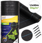 MultiGarden Talajtakaró geotextília, MultiGarden WEED90-M2, 1, 1 x 50 m, fekete, nem szőtt, 90 g/m2, tekercs, polipropilén, víz- és légáteresztő, kék vezetőcsíkokkal, 50 db rögzítő tüskével (10 cm) (TF5208)