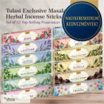 Tulasi Exclusive Masala Herbal füstölő ajándékcsomag 12 illat (10 csomag, 1800 szál füstölő)