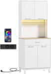 HOMCOM Dulap de bucătărie cu lumini LED Stație de încărcare 4 uși Sertar Blat deschis 71x40x180 cm Alb | Aosom Romania (83A-315V91WT)