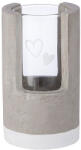  Különleges rusztikus felületű henger alakú cement és üveg mécsestartó szívecskés díszítéssel 12cm (33081)