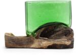  Különleges szögletes formájú újrahasznosított üveg tál fa talapzaton 14x14x10cm (RBB-04)
