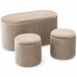 Sersimo Set 3 tabureti bej cu spatiu de depozitare, design striat modern (PHO-5963)