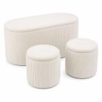 Sersimo Set 3 tabureti cu spatiu de depozitare, design striat modern, alb (PHO-5970)
