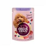 Delickcious DELICKCIOUS, Bucati de carne de miel si fructe de padure in sos cremos, pentru caini, 80g - club4labute