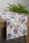 Takoy Traversă de masă alb-albastră 40x140 cm din țesătură texturată FLORE 7 cu imprimeu flori colorate Fata de masa