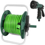 Garden King Tambur manual pentru furtun 1/2" 35 m HL067N + Furtun de grădină GREENTECH 1/2" 25 m + Pistol de stropit 7 funcții