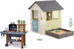 Smoby Set căsuță cu nisipar și grătar pentru grădină cu apă de la robinet Square Playhouse Life Smoby extensibilă cu 3 ferestre și 2 tobogane cu filtru UV (SM810740A-18) Casuta pentru copii
