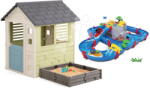 Smoby Set căsuță cu nisipar și pistă de apă cu peșteră Square Playhouse Life Smoby extensibilă cu 3 ferestre și 2 obloane cu filtru UV (SM810740A-15) Casuta pentru copii