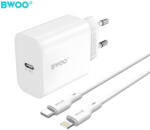 BWOO Hálózati töltőfej 1x Type-C + Type-C - iPhone 8pin adatkábel, PD 3.0 / 20W, fehér, BWOO CDA233C-L