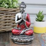 Kézzel festett ezüst és piros színű Buddha mécsestartó szobor 17cm (rbud-09)