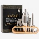 MindBlower Set Cocktail Shaker Premium 11 piese, 750 ml, otel inoxidabil, suport bambus, cutie cadou si retete cocktail incluse, argintiu (4030)