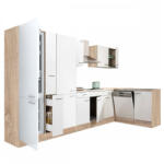 Leziter Yorki 370 sarok konyhabútor sonoma tölgy korpusz, selyemfényű fehér fronttal polcos szekrénnyel és alulfagyasztós hűtős szekrénnyel, munkalap nélkül (LS370STFH-PSZ-AF-MLN)