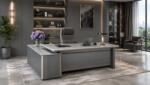  Masa Birou Directorial YD300D18, Gri 1801, 180x160cm, Extensie Laterala Reversibila, PAL+MDF