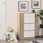HomCom Suport pentru Pantofi Modern care Economiseste Spatiu cu 3 Usi si Rafturi Reglabile, Sertar si Dulapior cu Polite, Culoarea Lemnului si Alb (837-115) Pantofar
