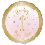 anagram Szám, Számos lufi 18" 45cm - Happy 1-st Birthday, 1-es lufi, Rózsaszín (LUFI838717)