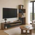 FDY Comoda TV Cazeno cu biblioteca, finisaj stejar si gri inchis, 160 x 29 x 126 cm
