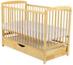 BabyNeeds Patut din lemn bebe, 120x60 cm, Cu sertar cu capac, Din lemn de pin si mdf, Stabil si rezistent, Inaltime saltea reglabila pe 3 nivele, Laterala cu 3 bete detasabile, EN716-1, EN716-2, Natur, Babyneed