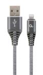 Gembird CABLU alimentare si date GEMBIRD, pt. smartphone, USB 2.0 (T) la Lightning (T), 2m, premium, cablu cu impletire din bumbac, gri-metalic cu insertii albe, CC-USB2B-AMLM-2M-WB2 (timbru verde 0.08 lei)