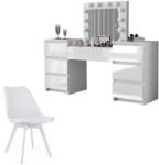 Artool Set masa de toaleta/machiaj Antonia + scaun Mark, alb, sertare lucioase, cu oglinda si LED-uri, 155x42x135 cm (143363+4014_1)
