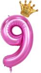Flippy Balon din Folie Metalizata Flippy, Figurina Cifra si Coroana, Tema Aniversare 100 cm, Ambalaj Individual, Pai inclus, Umflare cu Aer sau Heliu, Roz, Cifra 9 (129246)