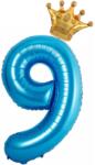 Flippy Balon din Folie Metalizata Flippy, Figurina Cifra si Coroana, Tema Aniversare 100 cm, Ambalaj Individual, Pai inclus, Umflare cu Aer sau Heliu, Albastru, Cifra 9 (129256)