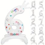Flippy Balon din Folie Metalizata, Flippy, Figurina Cifra, Model 6 cu Happy Birthday Scris, Tema Aniversare 81 cm, Ambalaj Individual, Pai Inclus, Umflare cu Aer sau Heliu, Alb (133942)