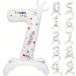 Flippy Balon din Folie Metalizata, Flippy, Figurina Cifra, Model 7 cu Happy Birthday Scris, Tema Aniversare 81 cm, Ambalaj Individual, Pai Inclus, Umflare cu Aer sau Heliu, Alb (133943)
