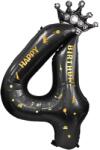Flippy Balon din Folie Metalizata Flippy, Figurina Cifra si Coroana, Scris Happy Birthday, Tema Aniversare 100 cm, Ambalaj Individual, Pai inclus, Umflare cu Aer sau Heliu, Negru, Cifra 4 (129261)