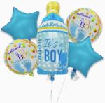 Flippy Baloane decorative GENDER REVEAL PARTY, Flippy, Figurina Sticluta, Model IT'S A BOY, Set din 5 baloane, 40 x 77 cm, pentru Botez, Albastru (129925)