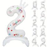 Flippy Balon din Folie Metalizata, Flippy, Figurina Cifra, Model 2 cu Happy Birthday Scris, Tema Aniversare 81 cm, Ambalaj Individual, Pai Inclus, Umflare cu Aer sau Heliu, Alb (133938)