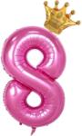 Flippy Balon din Folie Metalizata Flippy, Figurina Cifra si Coroana, Tema Aniversare 100 cm, Ambalaj Individual, Pai inclus, Umflare cu Aer sau Heliu, Roz, Cifra 8 (129245)
