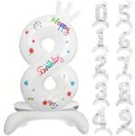 Flippy Balon din Folie Metalizata, Flippy, Figurina Cifra, Model 8 cu Happy Birthday Scris, Tema Aniversare 81 cm, Ambalaj Individual, Pai Inclus, Umflare cu Aer sau Heliu, Alb (133944)