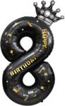 Flippy Balon din Folie Metalizata Flippy, Figurina Cifra si Coroana, Scris Happy Birthday, Tema Aniversare 100 cm, Ambalaj Individual, Pai inclus, Umflare cu Aer sau Heliu, Negru, Cifra 8 (129265)