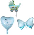 Flippy Set 3 Baloane din Folie Metalizata, Flippy, Figurine Carucior, Inima, Fundita, Tema Botez, 45 cm, Ambalaj Individual, Pai Inclus, Umflare cu Aer sau Heliu, Albastru (130974)