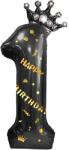 Flippy Balon din Folie Metalizata Flippy, Figurina Cifra si Coroana, Scris Happy Birthday, Tema Aniversare 100 cm, Ambalaj Individual, Pai inclus, Umflare cu Aer sau Heliu, Negru, Cifra 1 (129258)