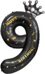 Flippy Balon din Folie Metalizata Flippy, Figurina Cifra si Coroana, Scris Happy Birthday, Tema Aniversare 100 cm, Ambalaj Individual, Pai inclus, Umflare cu Aer sau Heliu, Negru, Cifra 9 (129266)